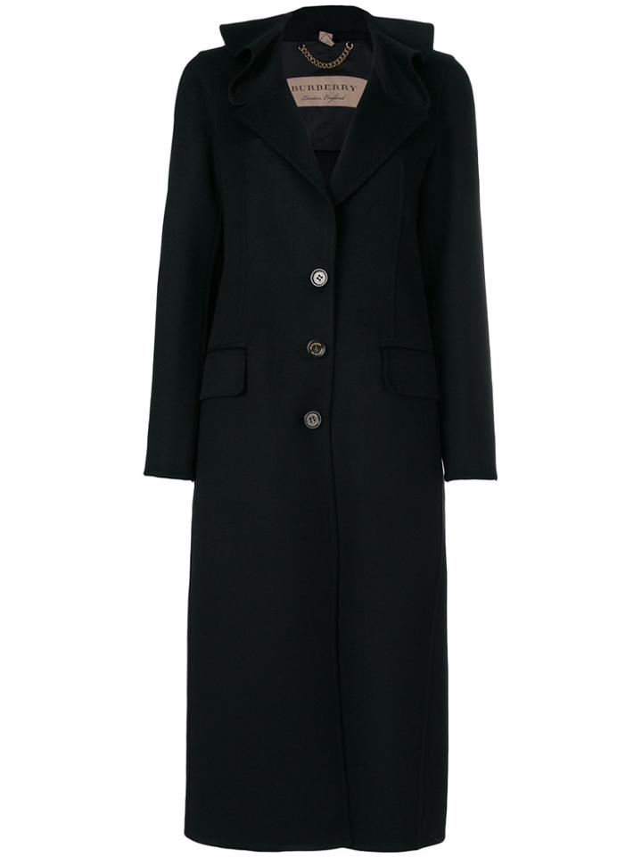 Burberry Long Line Coat With Frill Collar - Black