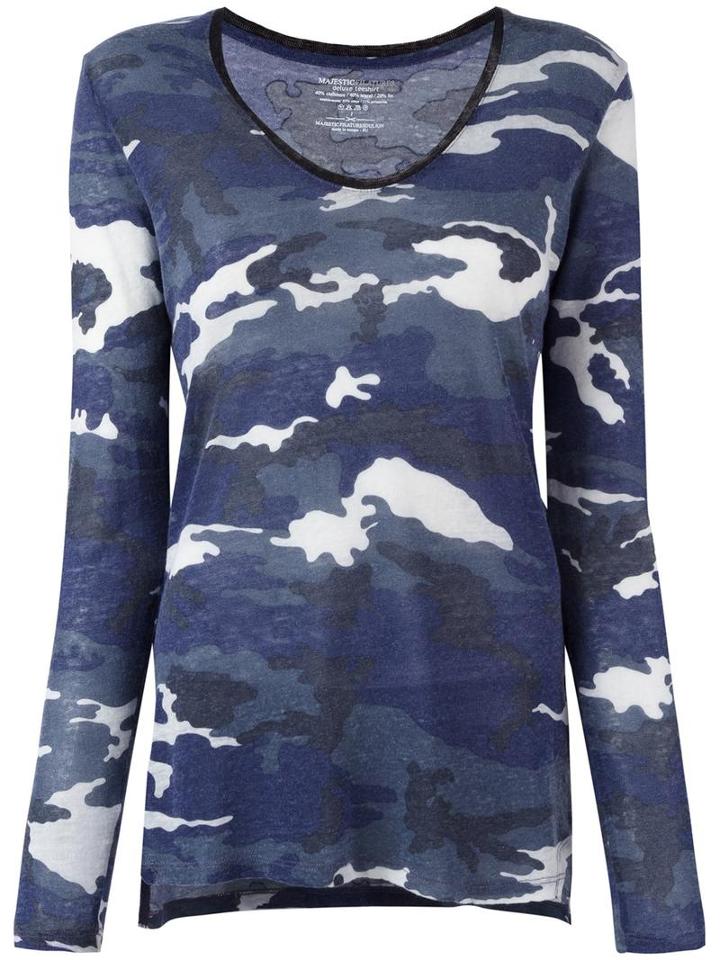 Majestic Filatures Camouflage Scoop Neck Jumper, Women's, Size: 2, Blue, Linen/flax/cashmere/tencel/cotton