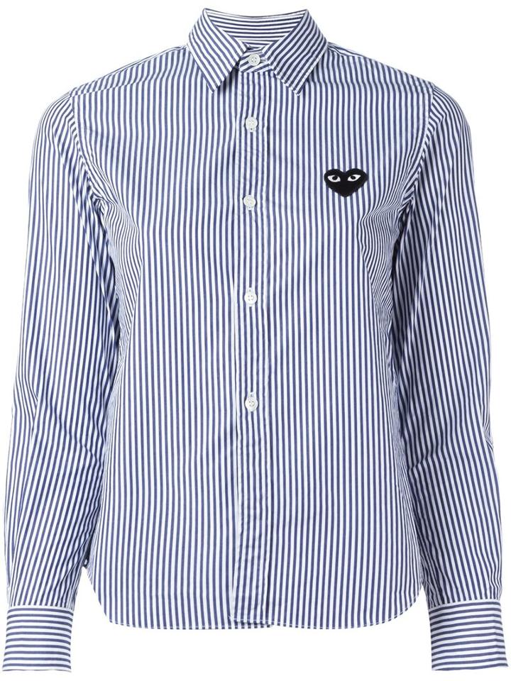 Comme Des Garçons Play Embroidered Heart Striped Shirt, Women's, Size: Medium, Blue, Cotton