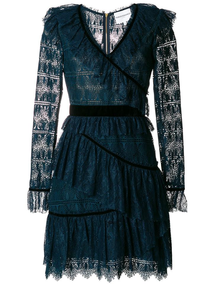 Perseverance London Velvet-trimmed Tiered Ruffled Lace Dress - Green