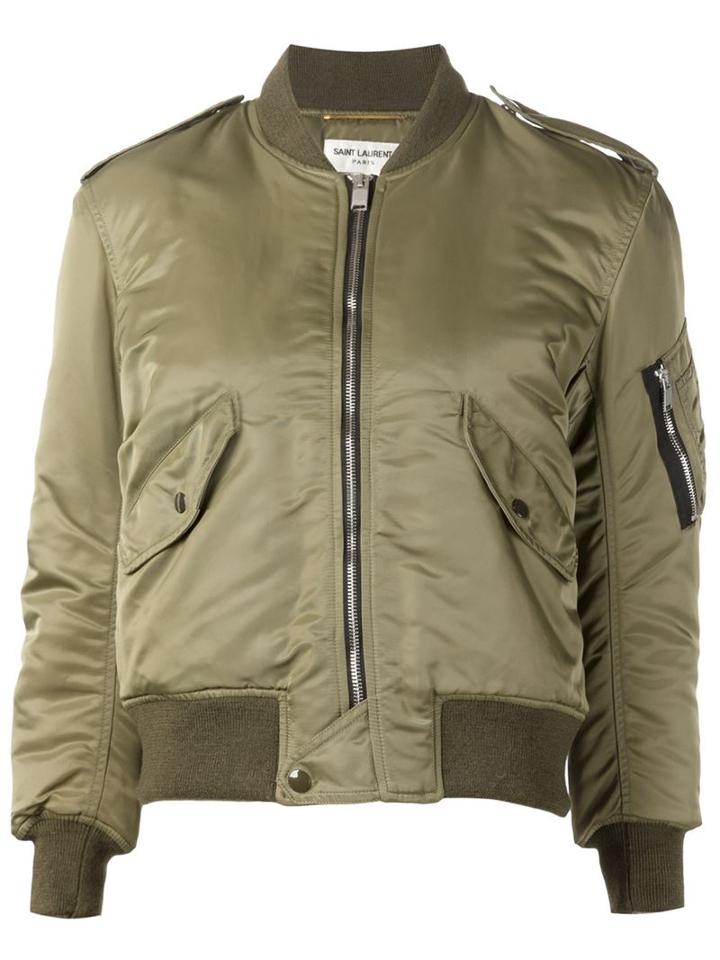 Saint Laurent Cropped Bomber Jacket, Women's, Size: 42, Green, Nylon/wool