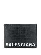 Balenciaga Ville Crocodile Embossed Pouch - Black