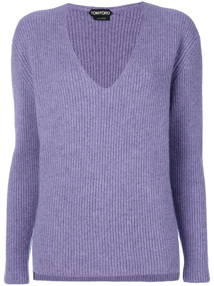 Tom Ford - Ribbed V-neck Jumper - Women - Cashmere - 38, Pink/purple, Cashmere