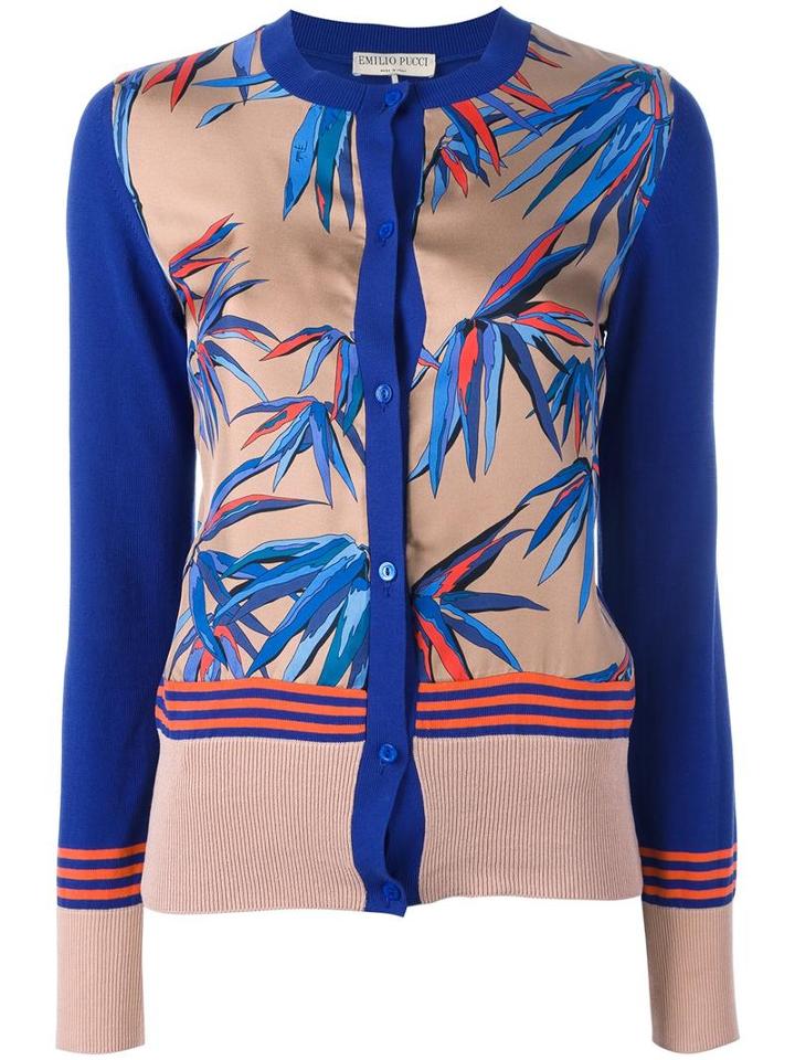 Emilio Pucci Leafs Pattern Cardigan, Women's, Size: Large, Blue, Silk/cotton