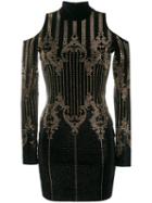 Balmain - Open Shoulder Studded Dress - Women - Cotton/spandex/elastane/metal/glass - 38, Black, Cotton/spandex/elastane/metal/glass