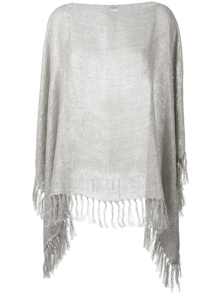 Brunello Cucinelli Fringed Poncho, Women's, Grey, Polyester/linen/flax/polyamide