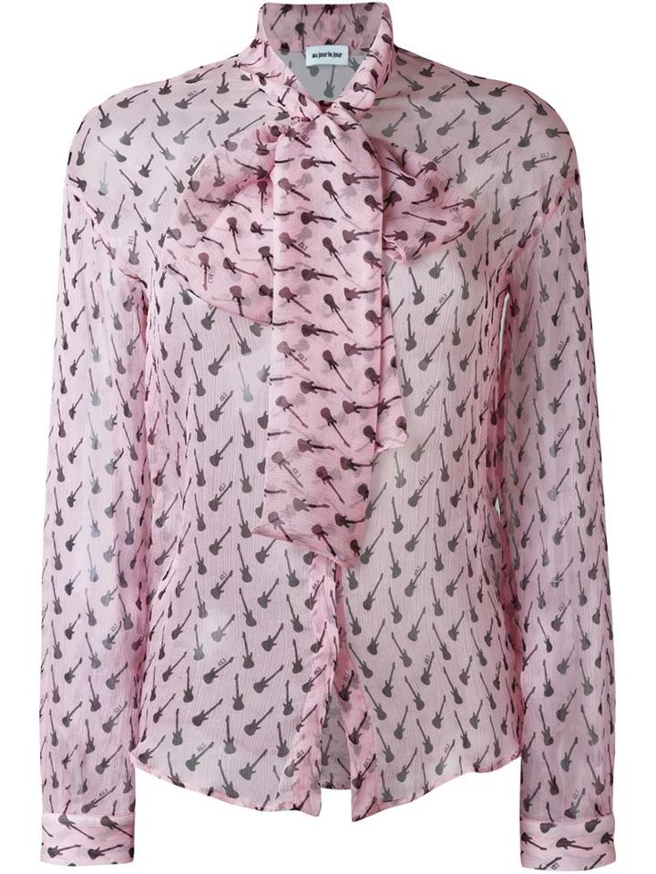 Au Jour Le Jour Guitar Print Pussy Bow Blouse
