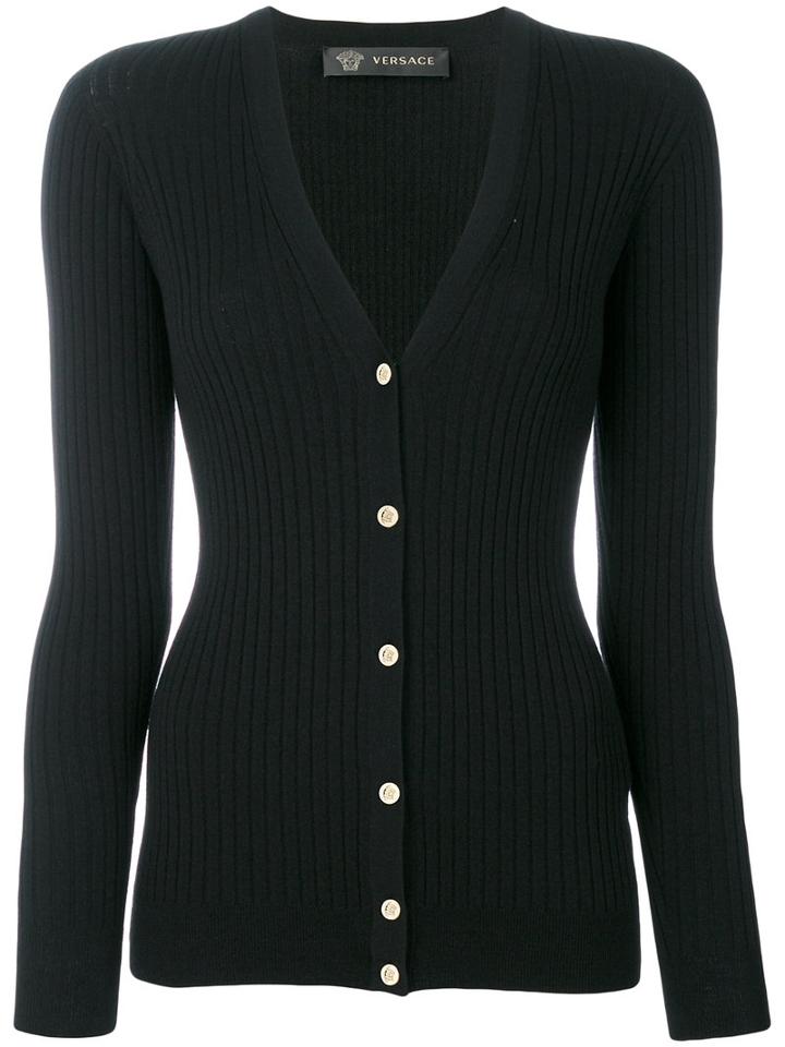 Versace - Ribbed Cardigan - Women - Polyester/wool - 42, Black, Polyester/wool