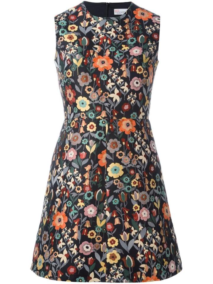 Red Valentino Floral Embroidery A-line Dress, Women's, Size: 44, Black, Polyester/acetate
