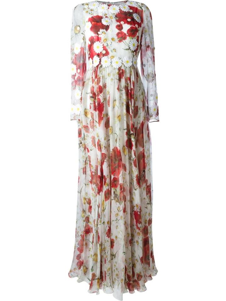 Dolce & Gabbana Daisy And Poppy Print Maxi Dress, Women's, Size: 40, Red, Silk/cotton/polyamide