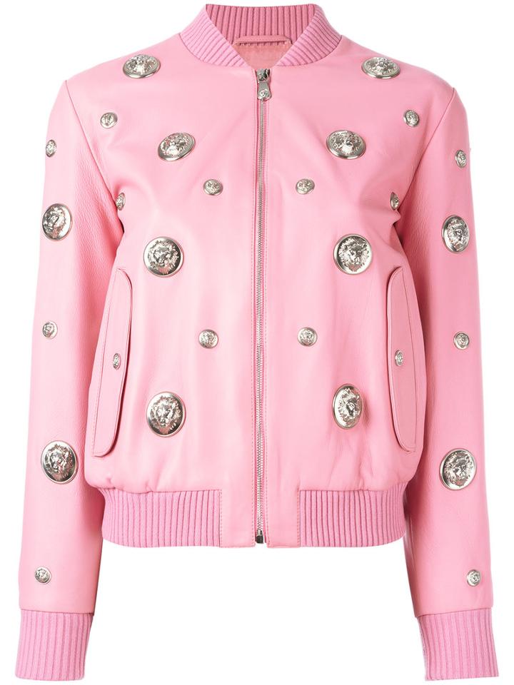Versus Lion Head Leather Bomber Jacket, Women's, Size: 42, Pink/purple, Lamb Skin/viscose/spandex/elastane