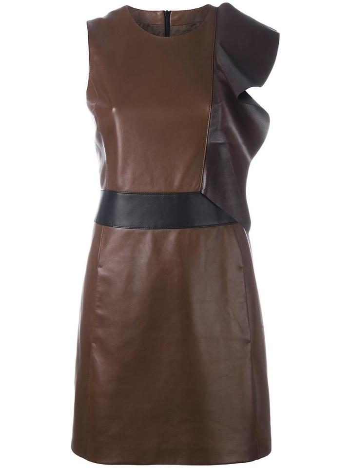 Neil Barrett Ruffled Shoulder Fitted Dress, Women's, Size: Small, Brown, Leather/cupro