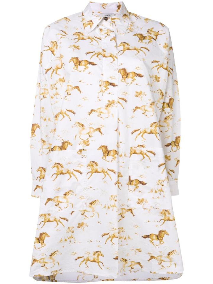Ganni Horse Pattern Shirt Dress - White