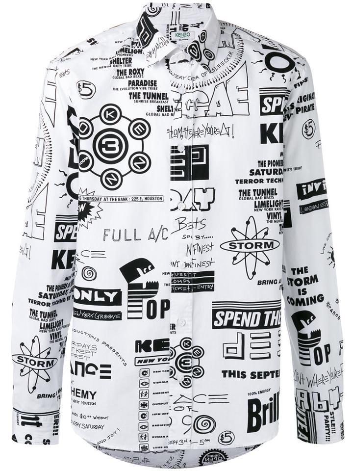 Kenzo Flyers Print Casual Shirt, Men's, Size: 41, White, Cotton