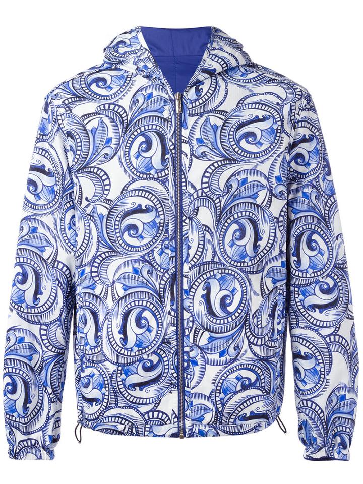 Versace Maiolica Baroque Reversible Hooded Jacket, Men's, Size: 50, Blue, Cotton/polyamide/polyester