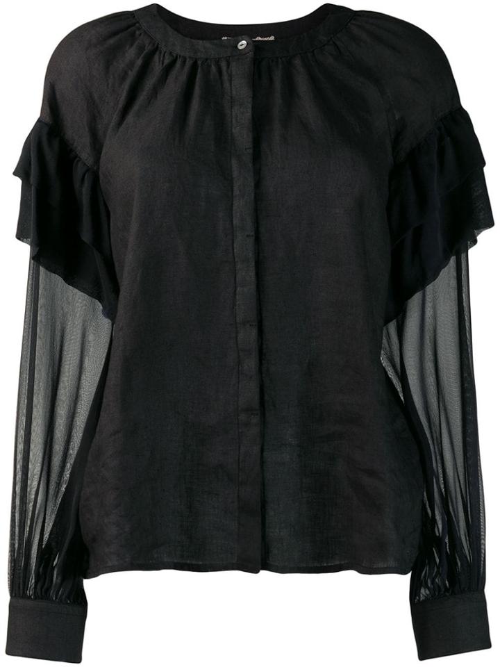 120% Lino Panelled Ruffle Sleeve Blouse - Black
