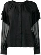 120% Lino Panelled Ruffle Sleeve Blouse - Black