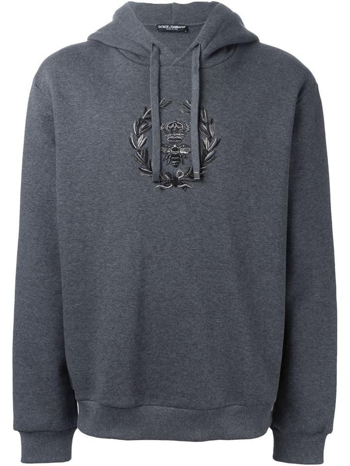 Dolce & Gabbana Crown & Bee Embroidered Hoodie, Men's, Size: 46, Grey, Cotton/polyester