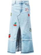 Just Cavalli Patched Denim Midi-skirt, Women's, Size: 42, Blue, Cotton/spandex/elastane/aluminium/cotton