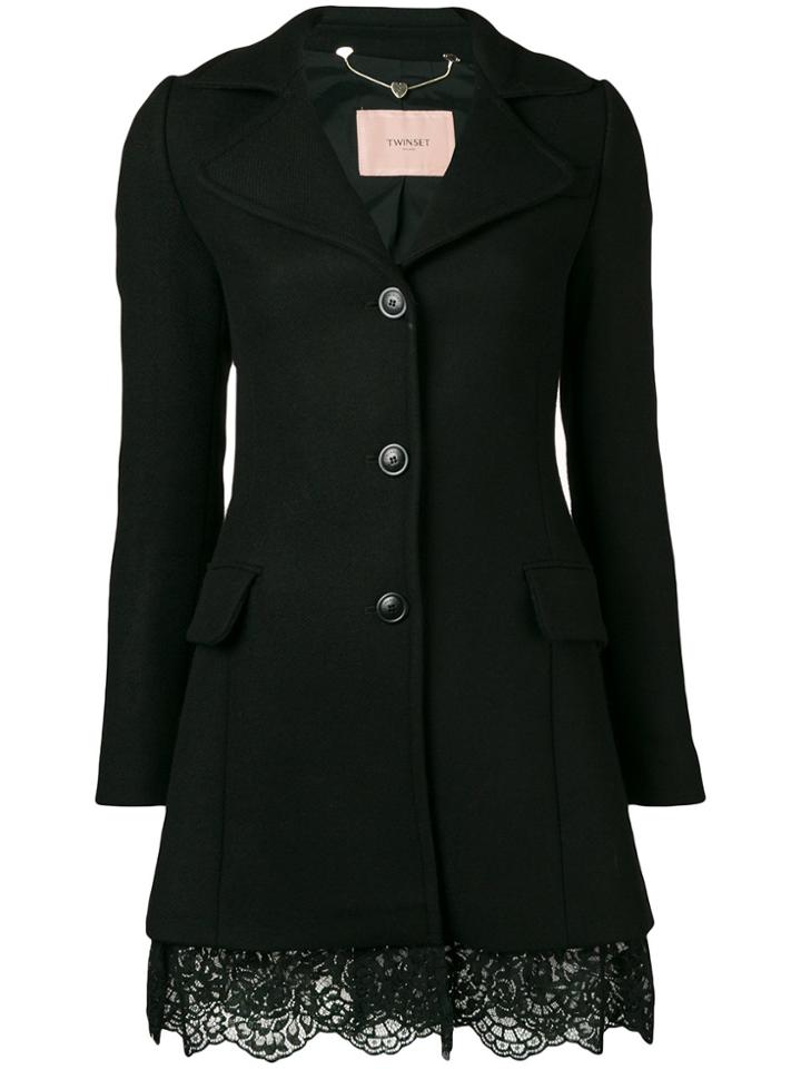 Twin-set Lace Trim Fitted Coat - Black