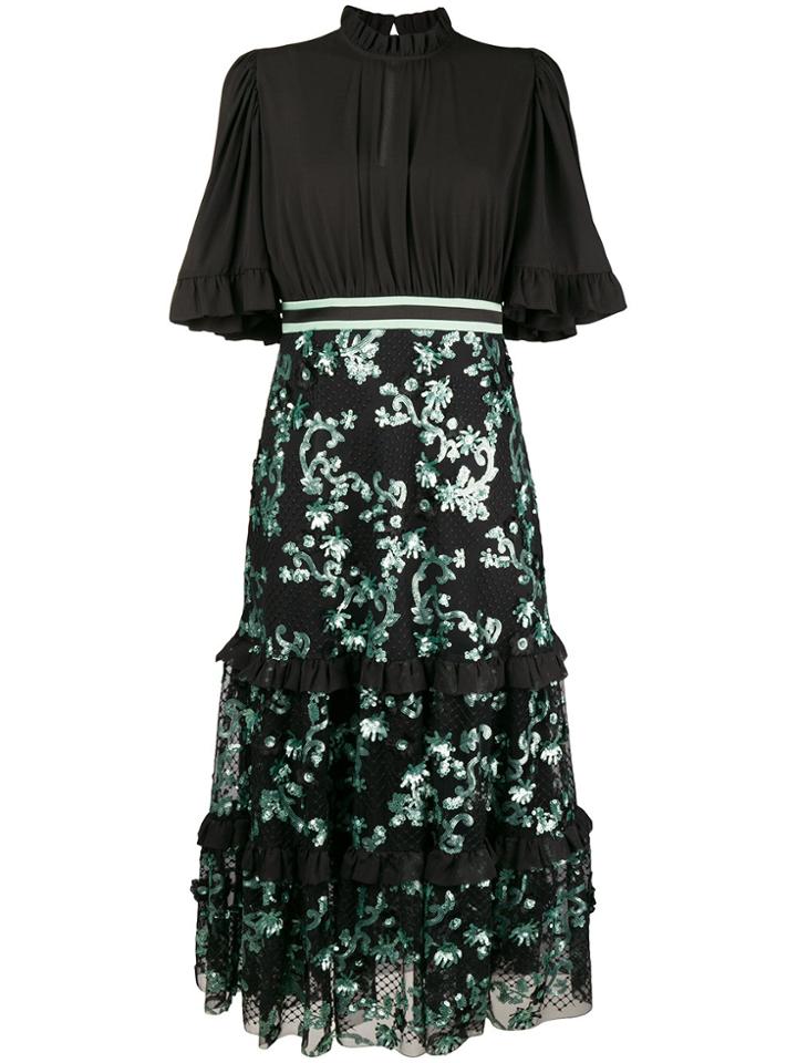 Three Floor Sequins Embellished Flared Dress - Black