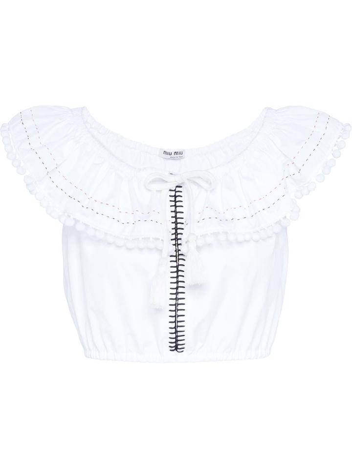 Miu Miu Poplin Top With Pompoms - White