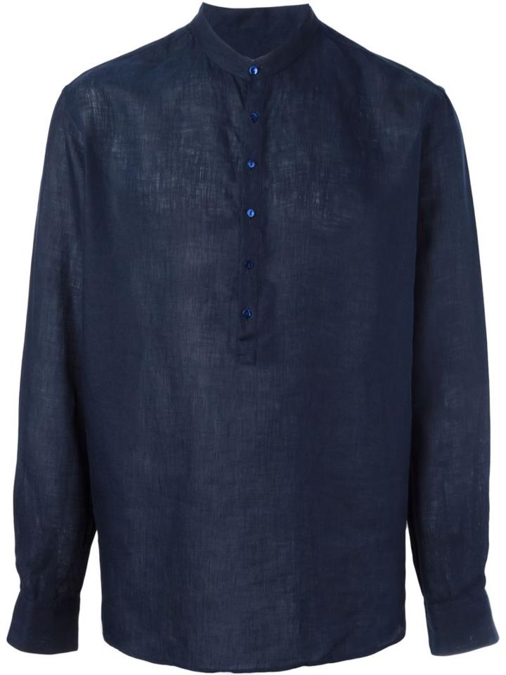 Giorgio Armani Band Collar Shirt, Men's, Size: 43, Blue, Linen/flax
