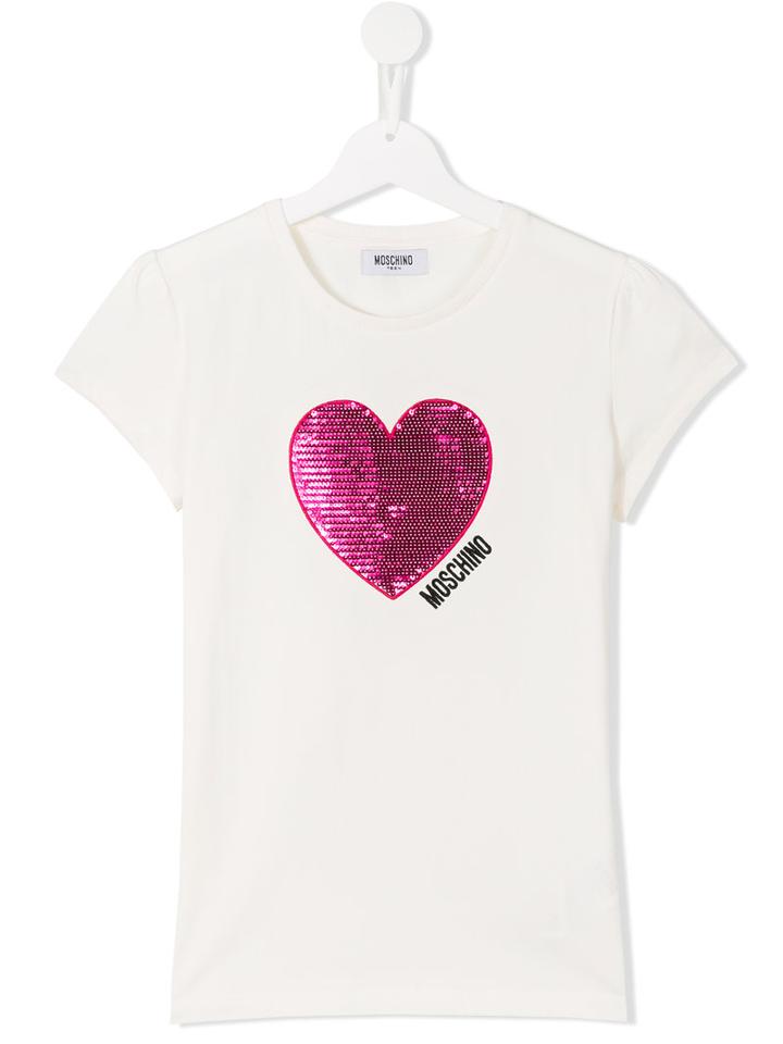 Moschino Kids Sequin Heart Logo T-shirt, Girl's, Size: 14 Yrs, White