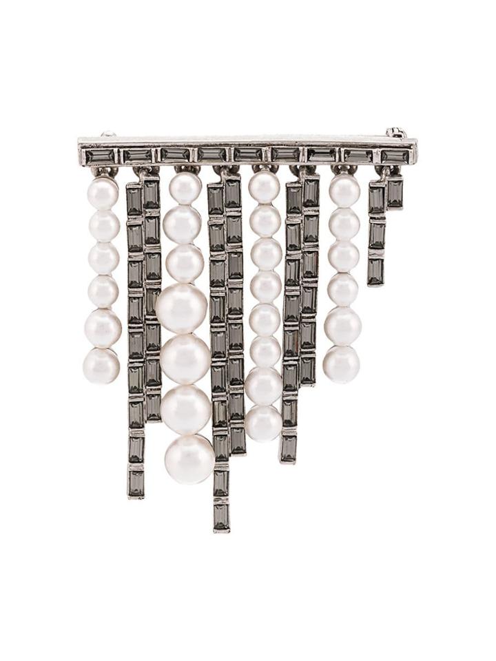 Oscar De La Renta Pearl And Baguette Brooch - Grey