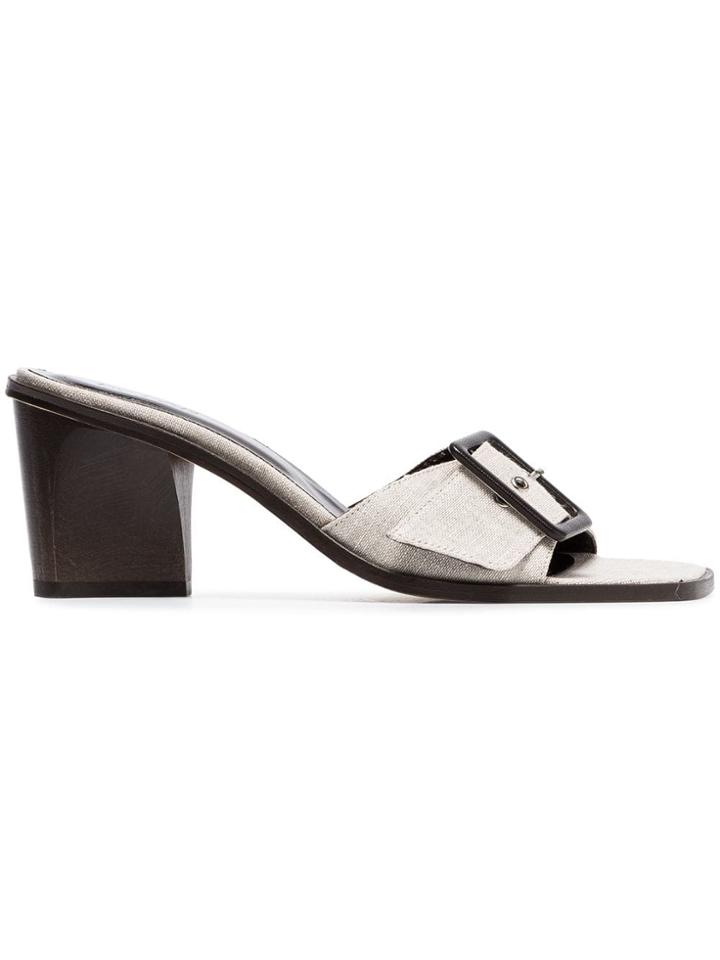 By Far White Silvia 65 Linen Buckle Mules - Brown
