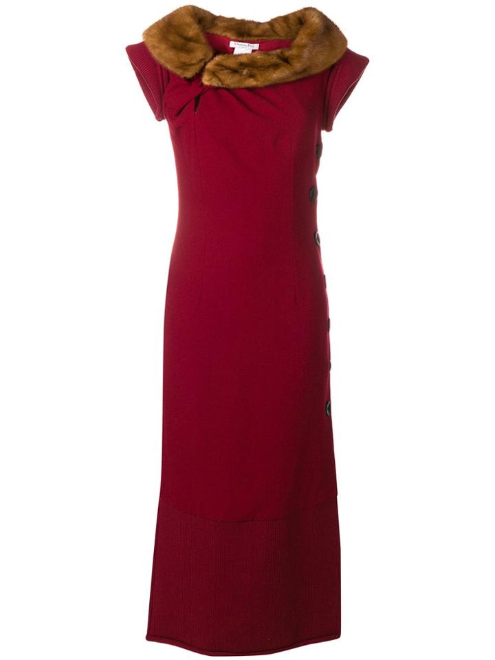 Christian Dior Vintage Fur Collar Long Dress - Red