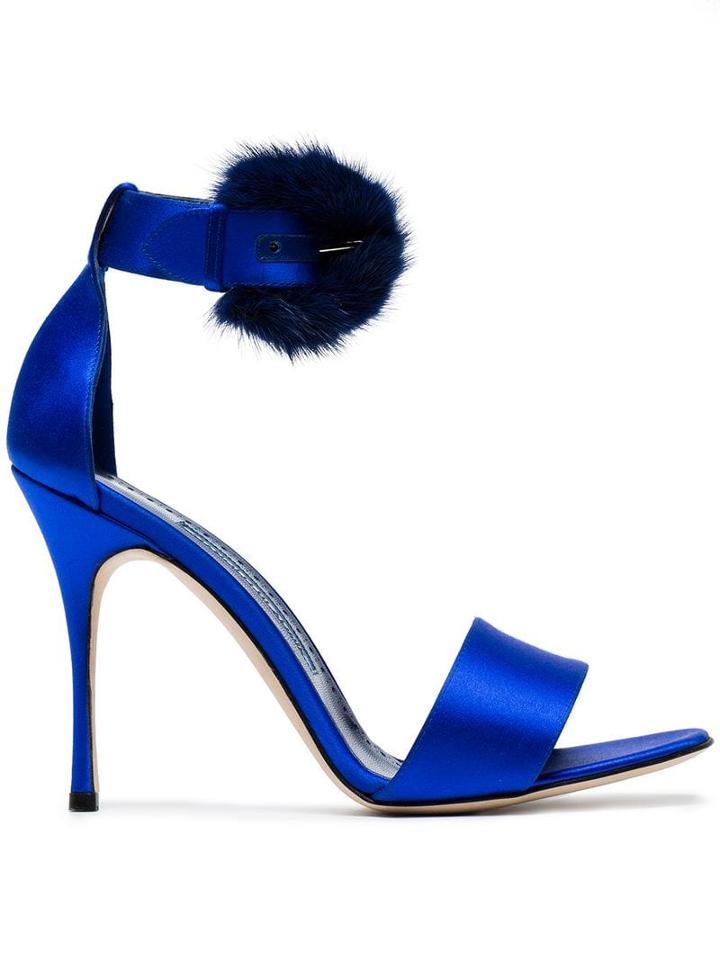 Manolo Blahnik Blue Trespola 105 Satin Fur Sandals