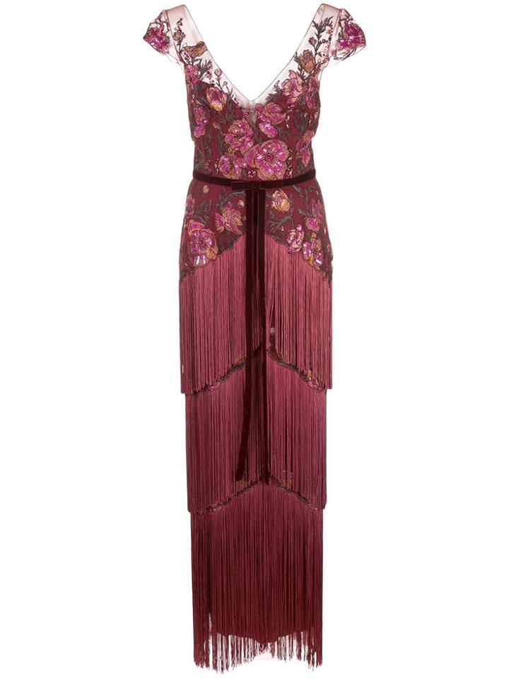 Marchesa Notte Floral Embroidered Fringed Gown