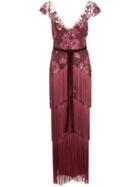 Marchesa Notte Floral Embroidered Fringed Gown