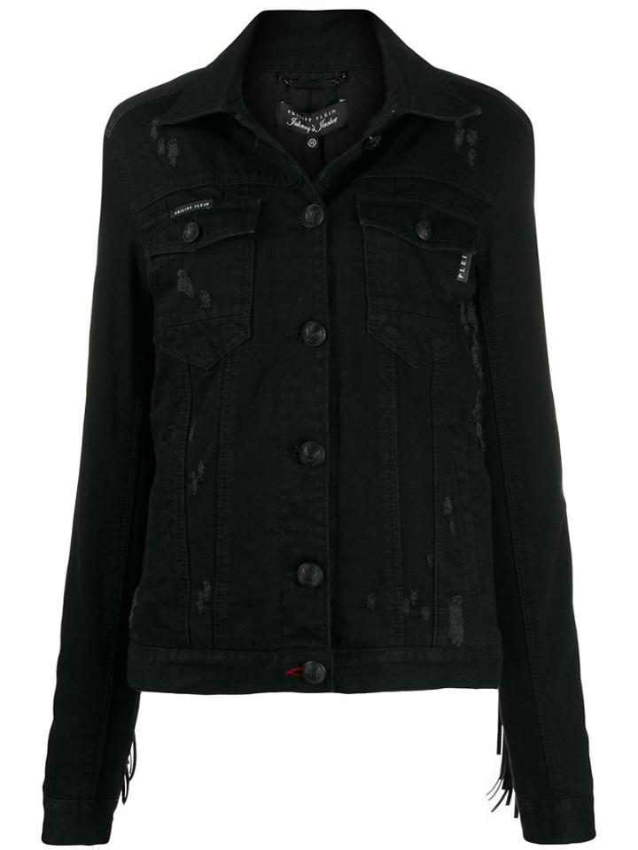Philipp Plein Distressed Fringed Denim Jacket - Black