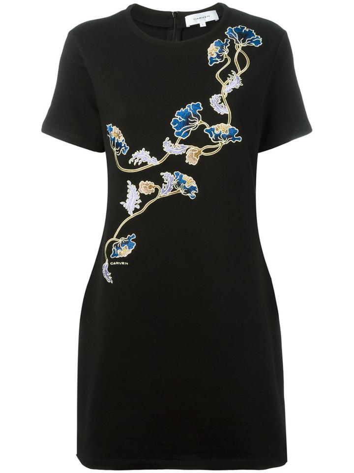 Carven Floral Embroidered T-shirt Dress, Women's, Size: Small, Black, Cotton