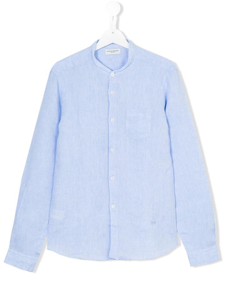 Paolo Pecora - Band Collar Shirt - Kids - Linen/flax - 14 Yrs, Boy's, Blue