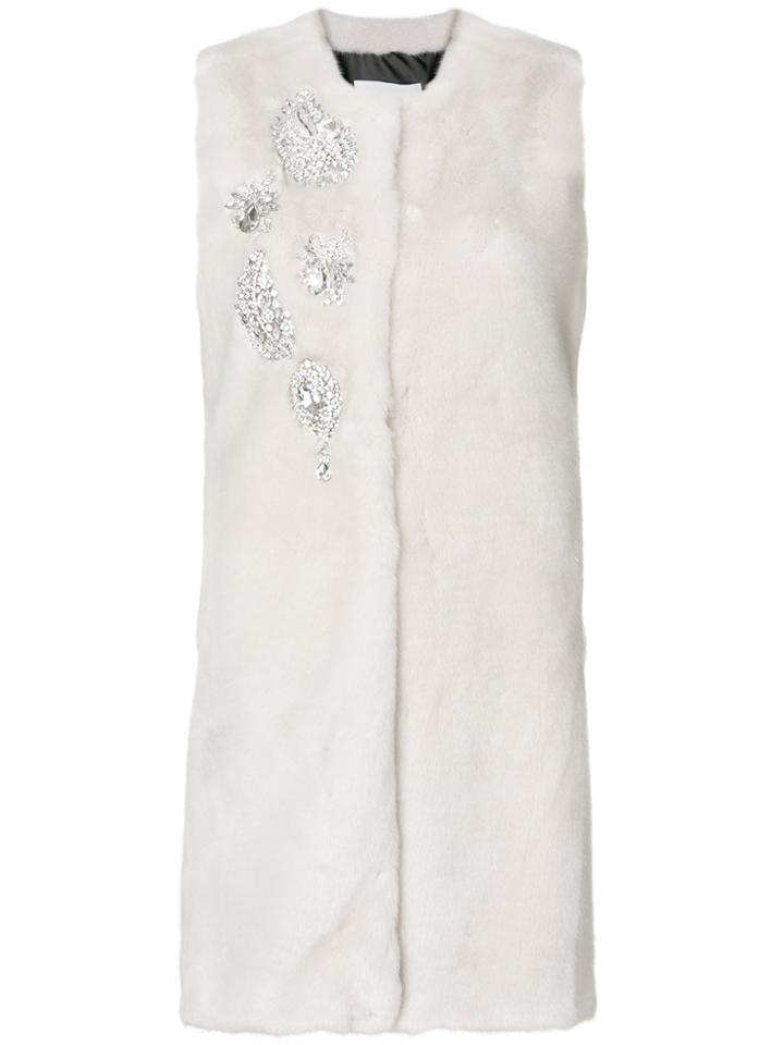 Ainea Embellished Fur Vest - White