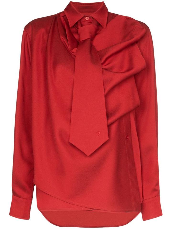 Pushbutton Draped Asymmetric Blouse - Red