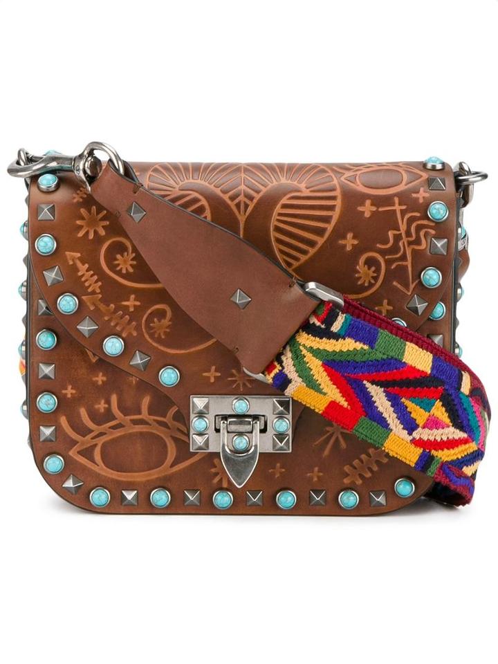 Valentino Valentino Garavani Rockstud Rolling Etched Pattern Bag, Women's, Brown, Leather/cotton/metal/suede