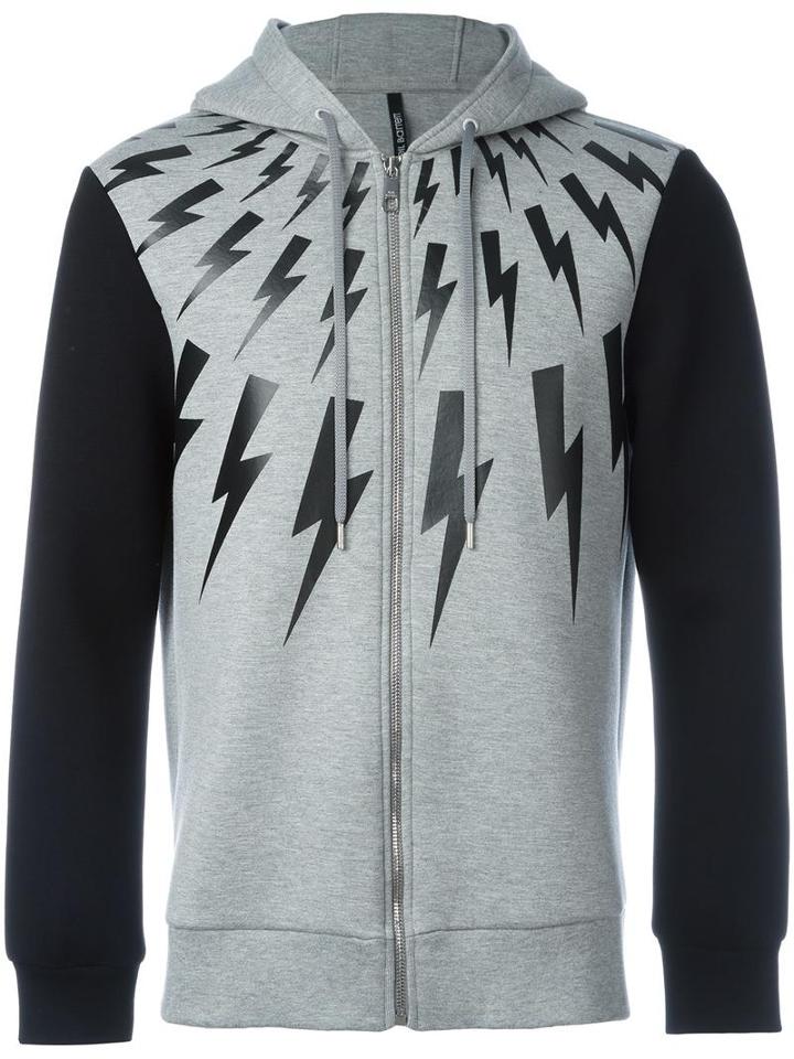 Neil Barrett Lightning Print Zipped Hoodie, Men's, Size: Medium, Grey, Lyocell/cotton/viscose/polyurethane