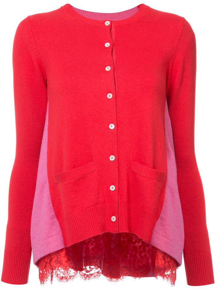 Sacai - Lace Trim Cardigan - Women - Cotton/cupro/wool - 3, Red, Cotton/cupro/wool