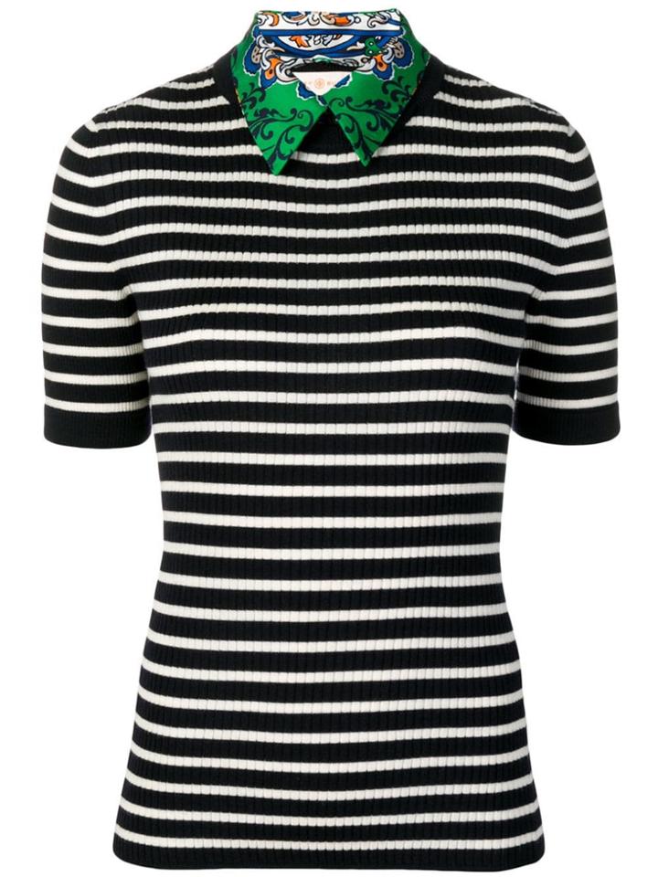 Tory Burch Woven-collar Striped Sweater - Black