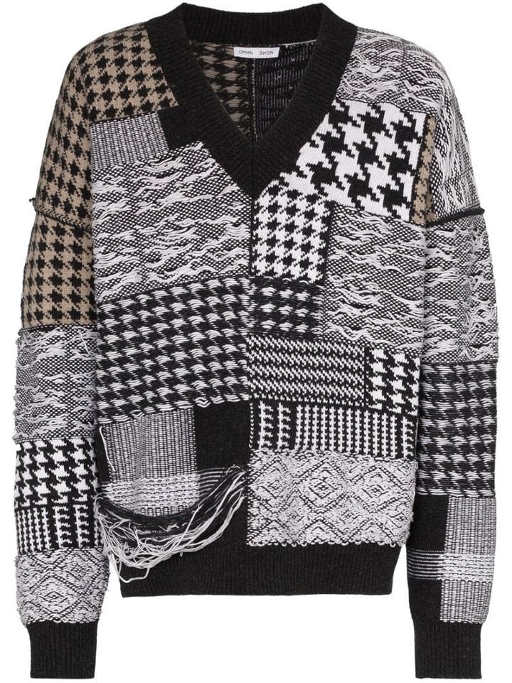 Cmmn Swdn Houndstooth Patchwork Distressed Jumper - Black