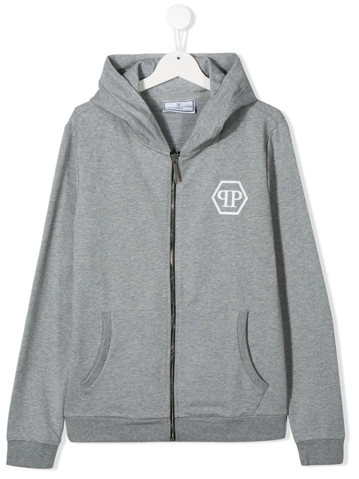 Philipp Plein Junior Teen Skull Print Zipped Hoodie - Grey