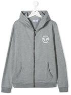 Philipp Plein Junior Teen Skull Print Zipped Hoodie - Grey