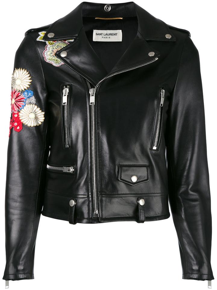 Saint Laurent - Embroidered Leather Jacket - Women - Silk/cotton/lamb Skin/cupro - 38, Black, Silk/cotton/lamb Skin/cupro