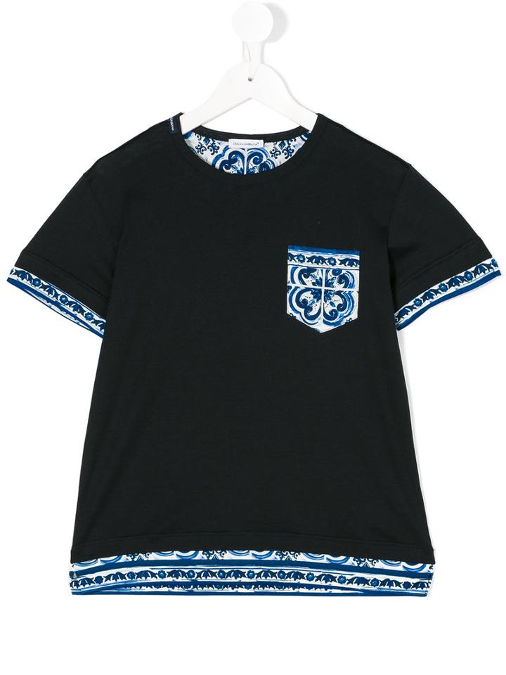 Dolce & Gabbana Kids - Majolica Print Pocket T-shirt - Kids - Cotton - 12 Yrs, Blue
