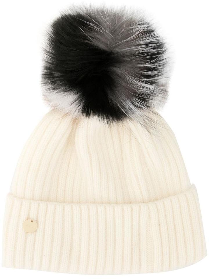 Yves Salomon Pompom Knit Beanie - White