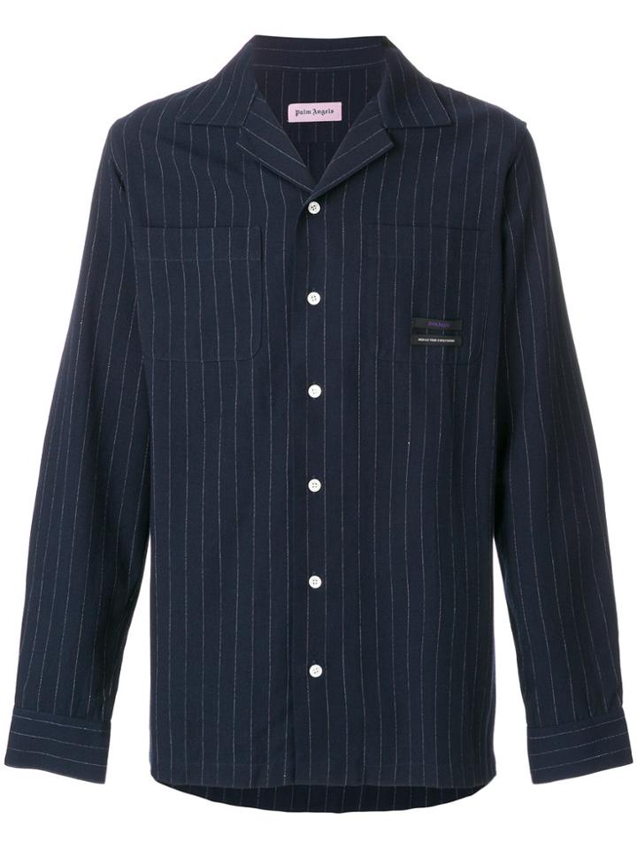 Palm Angels Pinstripe Open Collar Shirt - Blue